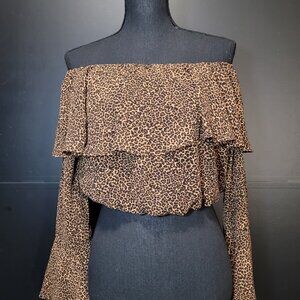 NWT Show Me Your Mumu Love Spell Leopard Ruffle Off The Shoulder Long Sleeve Top